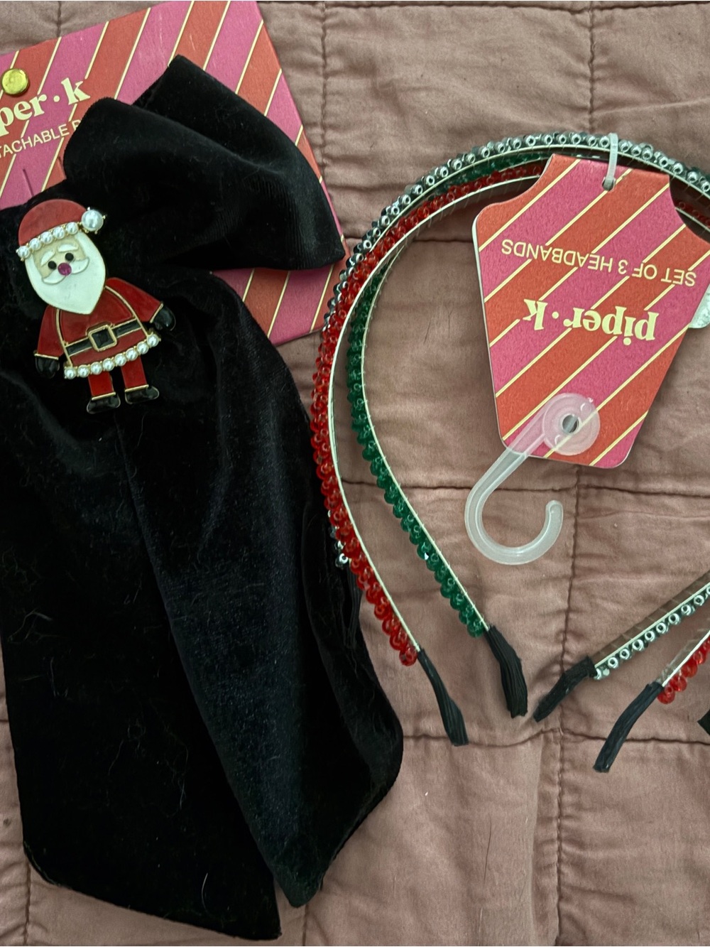 Piper Black Velvet Bow with Red & Green Sequin Headbands